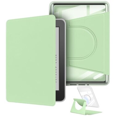YoungMe 360 Degree Rotating Case for 7 Kindle Colorsoft 1th Generation20252024 Release Detachable Magnetic Design Protective Adjustable Stand Cover Clear Back with Auto SleepWake Light Green