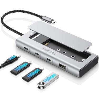 RSHTECH 5in1 USB C Hub with M2 NVMeSATA SSD Enclosure 10Gbps USB Data Ports 1A 2C and 100W Power Delivery Aluminum USBC Dock Dongle for MacBook Laptops and More
