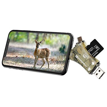 Liplasting Trail Camera Viewer SD Card Reader for iPhone iPad Mac Android 4 in 1 SDMicro SDTF Memory Card Reader Adapter to View Hunting Game Camera Photos or Videos on Smartphone