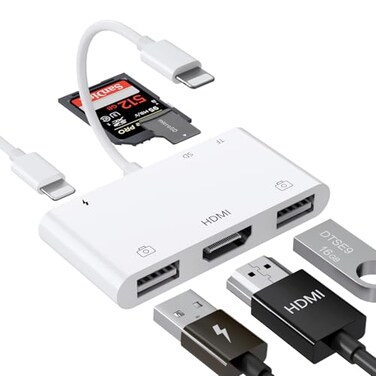 FEINODI Lightning to HDMI Adapter with USB Camera and Charging Port SD Card Reader for iPhone 6 in 1 Camera Adapter to iPhone Supports MIDI Keyboard Mouse HD TVProjectorMonitor Plug Play