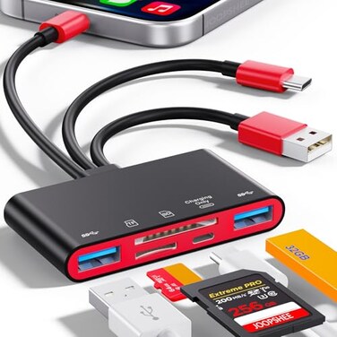 JOOPSHEE 5in1 Memory Card Reader USB OTG Adapter SD Card Reader for iPhoneiPad USB C and USB A Devices with Micro SD SD Card Slots Supports SDMicro SDSDHCSDXCMMCBlackRed