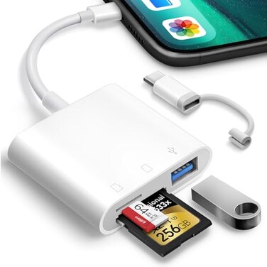 Oyuiasle SD Card Reader for iPhone iPad Trail Camera Viewer 3in1 SD Adapter with Dual Slots USB Port Memory Card Adapter Dualconnector Design with LighteningUSBC for Photographers Plug Play