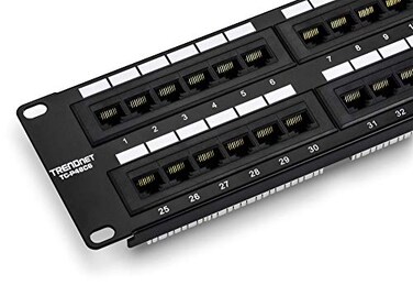 TRENDnet 48Port Cat6 Unshielded Patch Panel Wallmount or Rackmount Compatible with Cat3455e6 Cabling for Ethernet Fast Ethernet Gigabit Applications Black TCP48C6