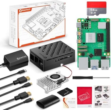 Vemico RasTech Raspberry Pi 5 8GB Kit 64GB Edition with Active Cooler27W GaN 51V5A USBC Power SupplyPi5 8GB Board64GB Card Readers KitPi 5 CaseDual 4K Micro HD Out Cables and User Manual