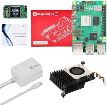 Vemico Raspberry Pi 5 8GB Starter Kit Pi 5 8GB Single Board 27W GaN 51V 5A TypeC Power Supply Active Cooler Ideal for AI IoT Robotics DIY Projects