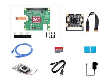 Waveshare AI Kit Compatible with Raspberry Pi 5 Bundle with Raspberry Pi AI HAT 26T PI5IMX21977 Camera Cooler 64GB TF Card Cable and so on 8 Items