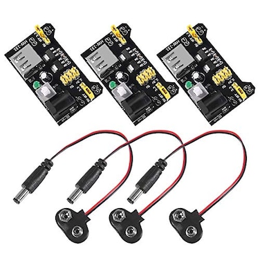 ALAMSCN 33V 5V MB102 Solderless Breadboard Power Supply Module with 9V Battery Clip Power Cable 21x 55mm Male DC Jack Plug for Arduino Pack of 3