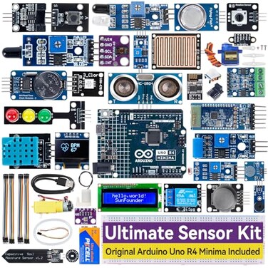 SunFounder Ultimate Sensor Kit with Original Arduino Uno R4 Minima RoHS Compliant Durable Sensors IoT ESP8266 IIC LCD1602 OLED Online Tutorials Video Courses for Beginners Engineers