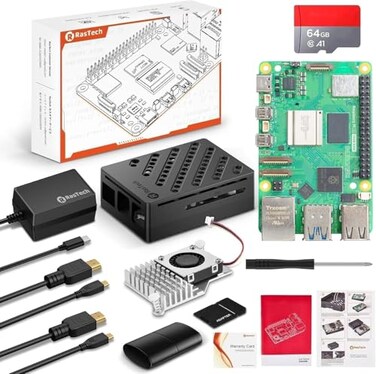 Vemico RasTech Raspberry Pi 5 16GB Kit 64GB Edition with Active CoolerGaN 27W 51V5A USBC Power SupplyPi5 16GB Board64GB Card Readers Kit Case for Pi 5Dual 4K Micro HD Out Cables and User Manual