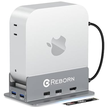 Reborn Mac mini M4 Dock Stand with NVMe SSD Enclosure Mac Mini M4 Hub with 4K60Hz HDMI 4K60Hz DP 5G USB A2 USB A 202 TFSD Card Reader 9in1 USB Hub for Mac mini M4Mac mini M4 Pro Silver