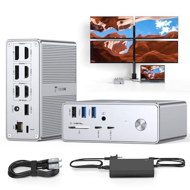 TobenONE DisplayLink Docking Station 4 Monitors with 4 HDMI 10Gbps USB 120W Power Supply 18W Charging for Phone Gigabit Ethernet Compatible with macOS Windows Boost MultiTasking Productivity