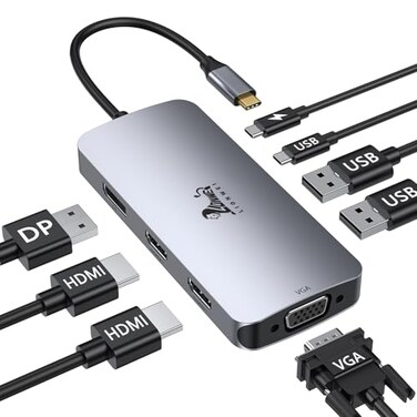 LIONWEI USB C Docking Station Dual Monitor Laptop Docking Station 3 Monitors Quadruple Display with Dual 4K HDMI DP VGA 100W PD 3 USB CA 20 Laptop Dock for Dell Lenovo HP Surface