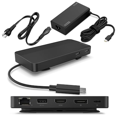 Lenovo USBC Dual Display Travel Dock w 100W Power Adapter 7 Ports Integrated USBC Cable Universal Compatibility Dual Displays at 4K Black