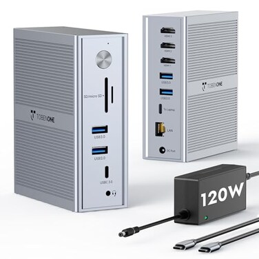 TobenONE USB C Laptop Docking Station 3 Monitors Triple 4K DisplayLink Dock with 120W Power Adapter for MacBook M1M5Mac miniWindows 3X HDMI 5X USB Gigabit Ethernet Driver Required