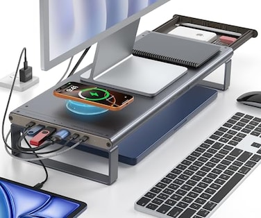 YICOSUN Monitor Stand HUB Aluminum Riser with 6in1 Docking Station 4K HDMI USBC USB 30 PD 100W Wireless Charging Drawer Organizer Gray