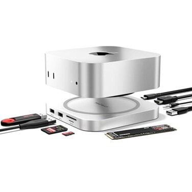 Macally Mac mini M4 Dock and Stand Mac mini M4 Hub with M2 NVMe Enclosure 4K HDMI 60hz 3 USB A10Gbps USB C Data Port SD Card Reader 35mm Audio Jack