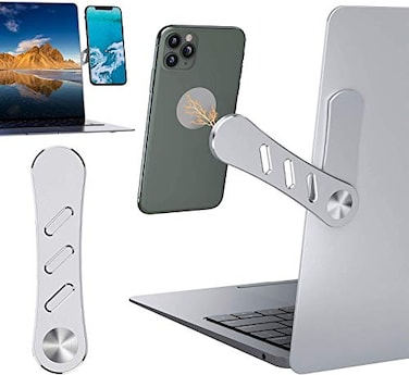 DK177 Magnetic Phone Holder Laptop or Desktop Monitor Side Mount Phone Holder Slim Portable Foldable Computer Expansion Bracket Compatible with All Phone Silver