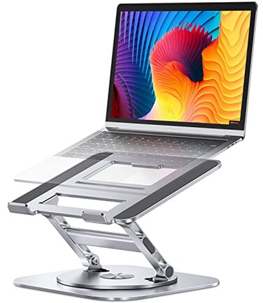 AOEVI Adjustable Laptop Stand with 360 Rotating Base Stable Computer Stand for Laptop Ergonimic Foldable Laptop Riser for Desk Compatible with MacBook ProAir Notebook up to 16 Inches Silver