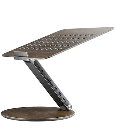 KU XIU Adjustable Laptop Stand with 7in1 Hub Foldable Portable Aluminum Laptop Riser with 360 Swivel Base for Desk Ergonomic Computer Notebook Stand Holder for All Laptops 1017Gray Wooden