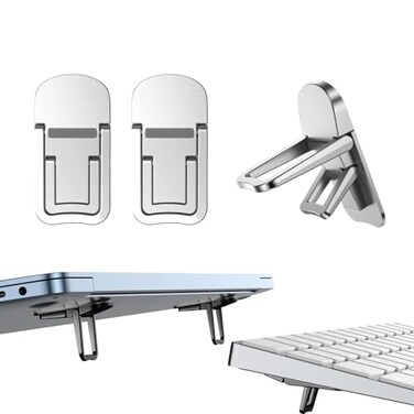 PONICOR 2PCS Metal Mini Foldable Laptop Stand Portable Computer Keyboard Riser with 2 Adjustable Angles SelfAdhesive Invisible Notebook Stand and Keyboard Lift for Desk Silver