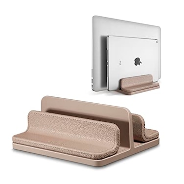 CoStySee Leather Vertical Laptop StandDual Laptop Holder StandLaptop Organizer with Adjustable Dock 1826mm071 in for All MacBookTabletSurfaceDelliPad Apricot