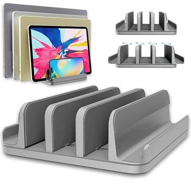 TEFONIA Vertical Laptop Stand Holder 5 Slots Aluminum SpaceSaving Laptop Holder Adjustable Size Dock Tabletop Desk Organizer 3 Slot 2 for Apple MacBookSurfacePCTabletiPadiPhone Space Gray