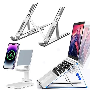 KLAQQED Portable Aluminum Laptop Phone Stand Adjustable Foldable Ergonomic for MacBook iPad Tablets Smartphones Office Desk Accessories