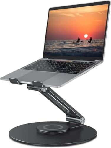 OMOTON Adjustable Laptop Stand with 360 Rotating Base Ergonomic Laptop Riser for Collaborative Work Dual Rotary Shaft Fully Foldable for Easy Storage Fits All Laptops up to 16 inches Black