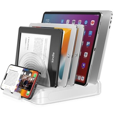 DeskLogics Vertical Laptop Stand Holder Desk Organizer Rack Adjustable Dock for MacBook iPad Phone 6in1 Multi Device Storage System with 360 Rotation