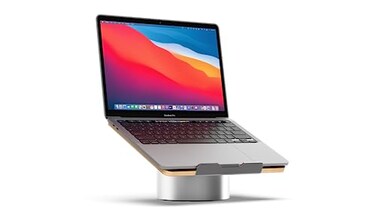 HumanCentric Laptop Riser for Desk in Maple Wood Top and Space Gray Aluminum Base Compatible with MacBook and Other Laptops Up to 16 Inches Ergonomic Computer Holder 25Degree Angle Tilt