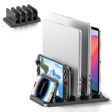 KDD 4Slot Vertical Laptop Stand with Gravity Locking 6in1 Laptop Holder Desktop Stand SpaceSaving Organizer Fits MacBookSurfaceHPDellBookTabletSwitchCell Phone and Keyboard