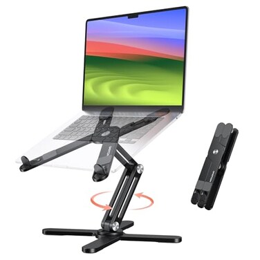 OMOTON 360 Rotating Laptop Stand Riser for Desk Ergonomic Foldable Computer Stand Adjustable Height Angles for Collaborative Work Easy Storage Fit MacbooksAll Laptops up to 16 inches Black