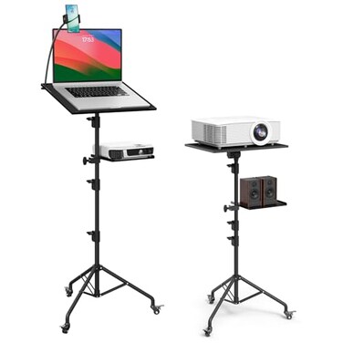 DYNAMO TECH Projector Stand Tripod Laptop Tripod with Wheels Adjustable Height Portable Podium Stand with Phone Holder Projector Holder for Home Office School DJ Matte Black