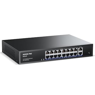 AUMOX PRO 16 Port Gigabit PoE Switch SG518P 18 Ethernet Unmanaged PoE with 2 Gigabit Uplink 250WPlug and PlaySturdy Metal Desktop Wall Mount or Rackmount Network Switch 8023afat Compliant