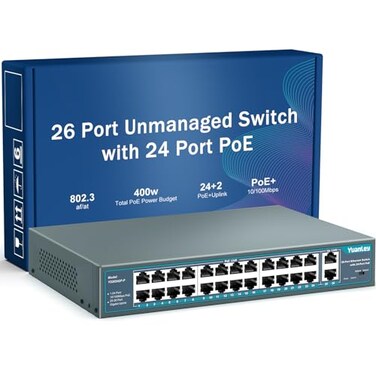 Yuanley 24 Port PoE Switch with 2 Gigabit Ethernet Uplink Port Unmanaged 26 Port 8023afat 400W Power PoE Network Switch Rackmount Plug and Play