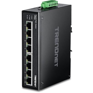 TRENDnet 8Port Industrial Gigabit PoE DINRail Switch TIPG80 200W PoE Power Budget 16Gbps Switching Capacity NDAA TAA Compliant Ethernet Splitter Lifetime Protection