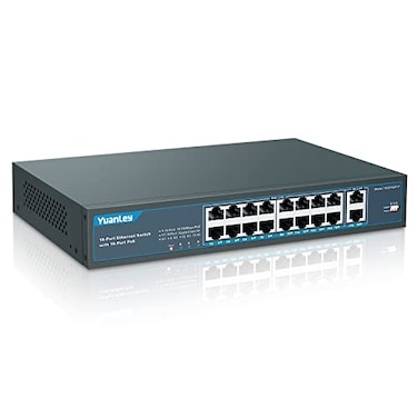 YuanLey 16 Port PoE Switch with 2 Gigabit Uplink 16 PoE Port 10100Mbps Network Switch 8023afat Compliant Durable Metal with 250W High Power Unmanaged Plug and Play