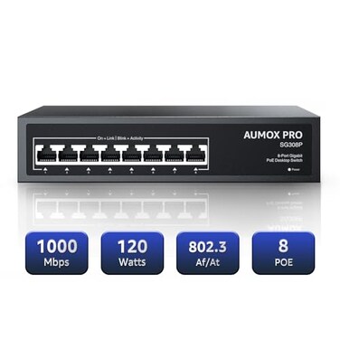 AUMOX PRO 8 Port PoE Switch Gigabit 120W Gigabit Unmanaged Ethernet Switch Plug Play 8023afat Compliant Metal Housing 8Port Network Switch for HomeOffice Energy Efficient Silent Operation