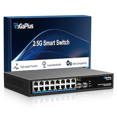 GigaPlus 18 Port 25Gb Unmanaged Ethernet Switch with 16 25G BaseT Ports 2 10G SFP Ports GiGaPlus 25Gbps Network Switch for 25Gbps NASPC Wireless AP WiFi6 Router Plug and Play Fanless Design