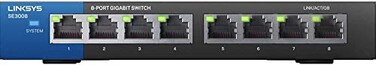 Linksys SE3008 8Port Gigabit Ethernet Unmanaged Switch Computer Network AutoSensing Ports Maximize Data Flow for up to 1000 Mbps Black Blue