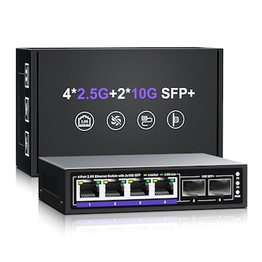 NICGIGA 6 Port 25G Unmanaged Ethernet Switch 4 x 25G BaseT Ports 2 x 10G SFP Compatible with 10010002500Mbps Metal Fanless DesktopWall Mount 25Gbe Network Switch for Wireless AP NAS PC