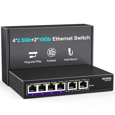 NICGIGA 10Gbe Ethernet Switch Unmanaged with 2 x 10Gb RJ45 Ports 4 x 25Gb BaseT Ports DesktopWall Mount 6 Port 10Gbps Network Switch for Wireless AP NAS PC