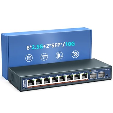 YuanLey 10 Port 25G Unmanaged Ethernet Switch 8 x 25G BaseT Ports 2 x 10G SFP Compatible with 10010002500Mbps VLAN Fanless DesktopWall Mount 25Gbe Network Switch for Wireless AP NAS PC