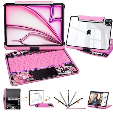 Uminy Transparent Keyboard Case for iPad Pro 11 Inch M5 2025M4 2024 with MultiTouch Trackpad 360 Rotating Stand 7Color 3Level Backlit Wireless Bluetooth Pencil HolderPink
