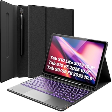 GreenLaw Case with Keyboard for Galaxy Tab S10 Lite S10 FE S9 FE 5G 109 S9 11 Inch 7 Color Backlit Touchpad Keyboard with Pencil Holder Magnetic Detachable Black