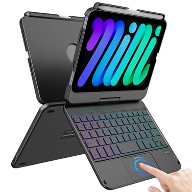 FUWANG Keyboard Case for iPad mini 7 A17 Pro 2024 iPad mini 6th Generation 2021 83inch 360 Swivel MultiTouch Trackpad 7Color Backlit Keyboard Cover with Pencil Holder Black