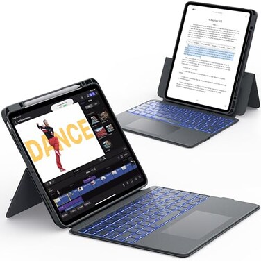 CHESONA Rugged for iPad Pro 13inch M4 2024 Case with Keyboard Magnetic Detachable Case 7Color Backlit Smart Trackpad 15180 Adjustable Stand PortraitLandscape Grey