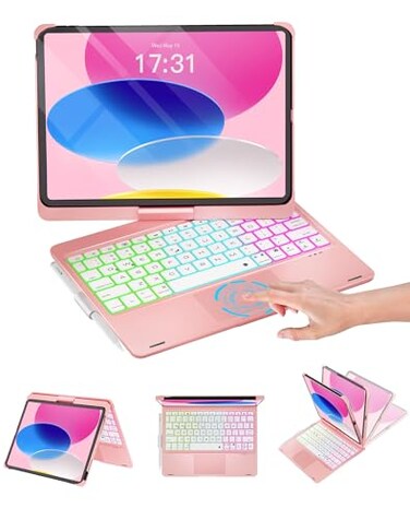 Baisla iPad 10th Generation Case with Keyboard 109 iPad 11thA16 iPad Air 11 M4M3M2 Multi Trackpad 360 SwivelRainbow Backlit for iPad Air 5th4thiPad Pro 11 4th3rd2nd1stMetallic Pink