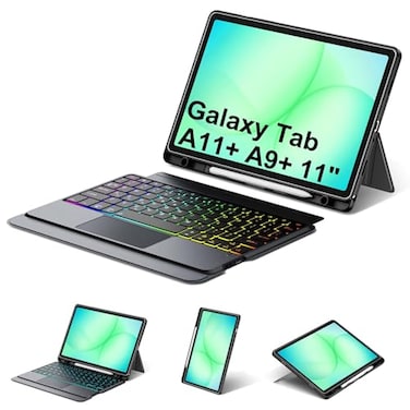 WERNURPAI Trackpad Keyboard Case for Samsung Galaxy Tab A11 Plus 2025 A9 Plus 11 Inch 2023 7Color Backlit Slim Wireless Detachable Magnetic Keyboard for A11 A9 5G Tablet with S Pen Holder Black