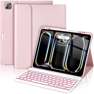 HOTLIFE for iPad Pro 13 Inch M4 2024 Case with Keyboard Magnetic Detachable 7 Color Backlit Keyboard Case for iPad Pro 13 M4 Rechargeable Wireless Keyboard Case with Pencil Holder Pink